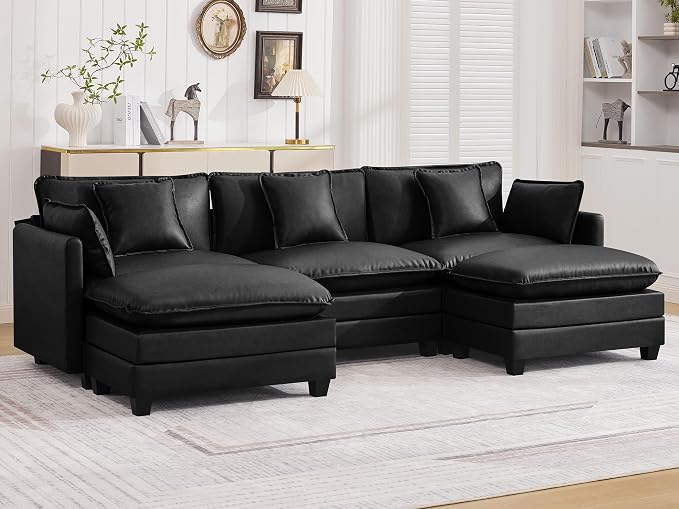 111'' Sectional Cloud Deep Seat Couch, Oversized Leather U Shaped Sectional Sofa for Living Room Set, Comfy Upholstered Modular 5-Seats Sectional Sofa Couch with 2 Movable Ottoman, Leather Black