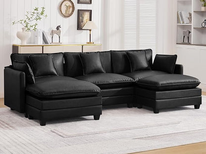 111'' Sectional Cloud Deep Seat Couch, Oversized Leather U Shaped Sectional Sofa for Living Room Set, Comfy Upholstered Modular 5-Seats Sectional Sofa Couch with 2 Movable Ottoman, Leather Black