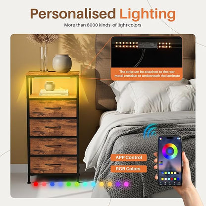 Sweetcrispy Nightstand with Charging Station, Bedside End Table with 4 Fabric Drawers, USB & Type-C Ports with AC Outlets, Adjustable Feet & Dimmable LED Light Strip, Modern Bedroom Furniture, Brown