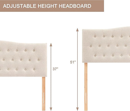 Tufted Headboard King Size, Solid Wood Adjustable Height Head Board, Beige | Upholstered King Headboard Only with Durable Solid Wood Legs, Adjustable Height 37-51 in, Fabric Button Diamond HeadBoards