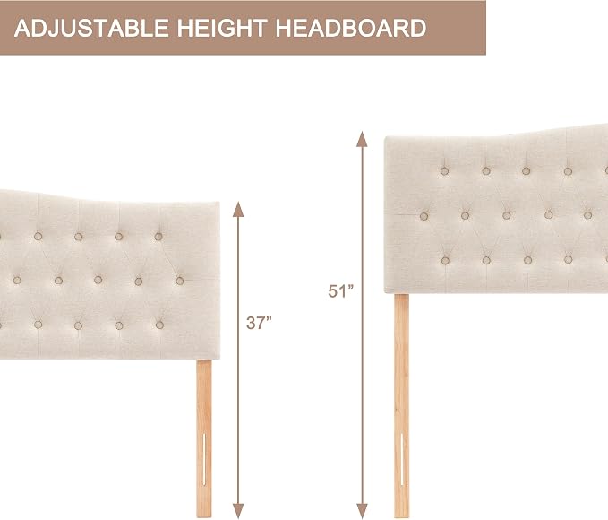 Tufted Headboard Twin Size, Solid Wood Adjustable Height Head Board, Beige | Upholstered Twin XL Headboard Only, Durable Solid Wood Legs, Adjustable Height 37-51 in, Fabric Button Diamond HeadBoards
