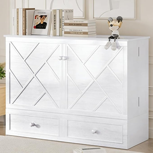 Mjkone Queen Size Murphy Cabinet Bed with Tri-Fold Mattress, Multi-Functional Cube Cabinet Bed, Mobile Wall Beds Chest with Storage Drawers and USB Charging Station for Bedroom Office, White