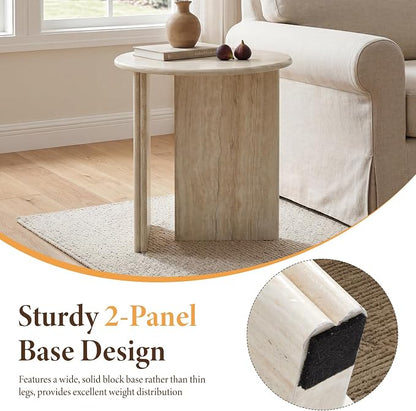 DUOMAY Wood Round Side Table Small Faux Marble Bedside Table 18" Modern End Table Natural Travertine Finish for Living Room, Bedroom, Sofa Side, Reception Room, Luxury Minimalist, Beige