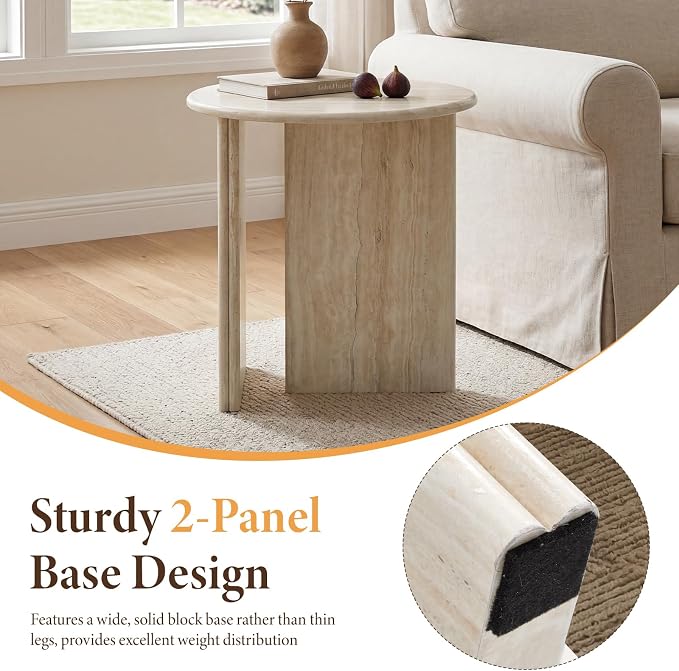 DUOMAY Coffee Table and End Table Set of 2 Modern Round Nesting Coffee Table Faux Marble Side Table Wooden Beige Travertine Finish for Living Room, Reception Room, Home Office
