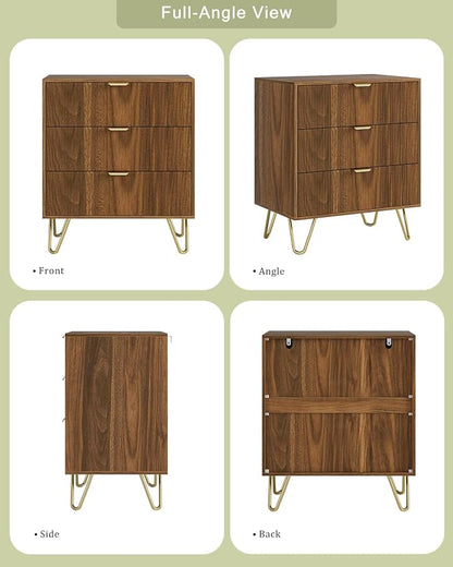 Walnut Dresser for Bedroom, Modern Fluted 3 Drawer Dresser with Storage, Dresser Chest of Drawers with Gold Handles for Bedroom, Living Room, Closet, Hallway, 15.8" D x 23.6" W x 27.6" H