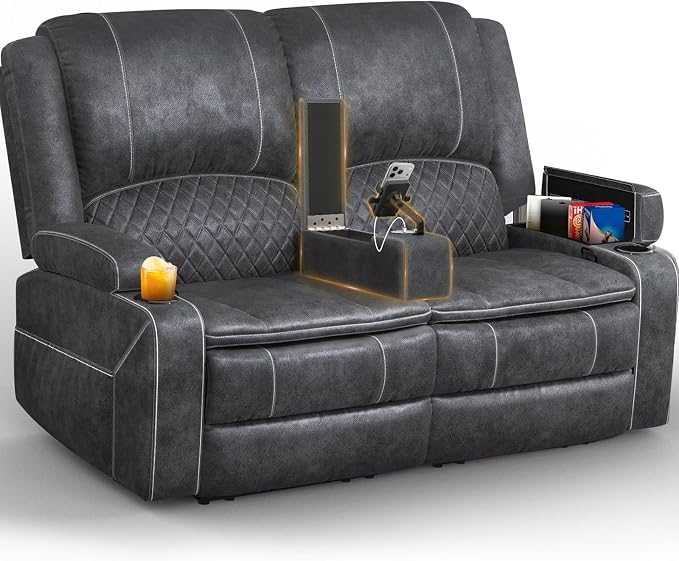 Yolsali Loveseat Recliner Sofa, Manual Wall Hugger Reclining Loveseat with Removable Armrest, 2-Tier Cushions, USB Ports & Cup Holders, RV Couch for Travel Trailers/Living Room, Velvet Gray