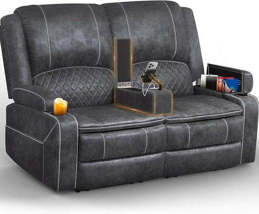 Yolsali Loveseat Recliner Sofa, Manual Wall Hugger Reclining Loveseat with Removable Armrest, 2-Tier Cushions, USB Ports & Cup Holders, RV Couch for Travel Trailers/Living Room, Velvet Gray