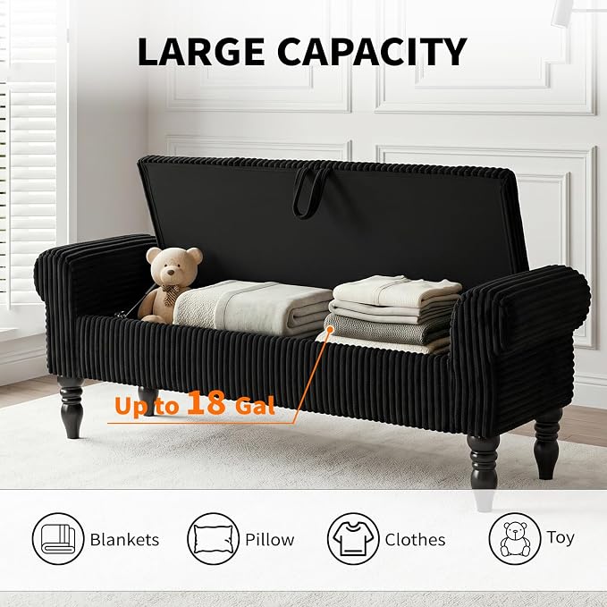 Storage Bench for Bedroom, 60" End of Bed Bench Premium Linen Upholstered Storage Ottoman, Entryway, Closet, Black