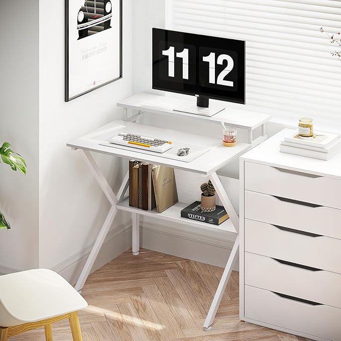 ODK Small Computer Desk, 27.5 inch Desk for Small Spaces with Storage, Compact Table with Monitor & Storage Shelves for Home Office, Modern Style Laptop Desk, Pure White