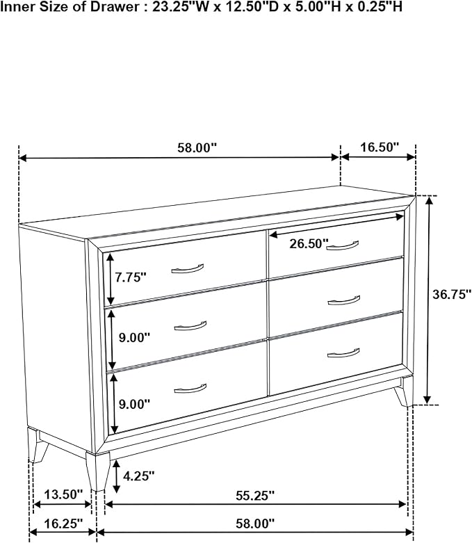 Coaster Home Furnishings - Valen - Wood - 6-Drawer Dresser with Curved Pull Handles, Groove Detailing, and Nickel Hardware - Bedroom - Light Taupe - 215913