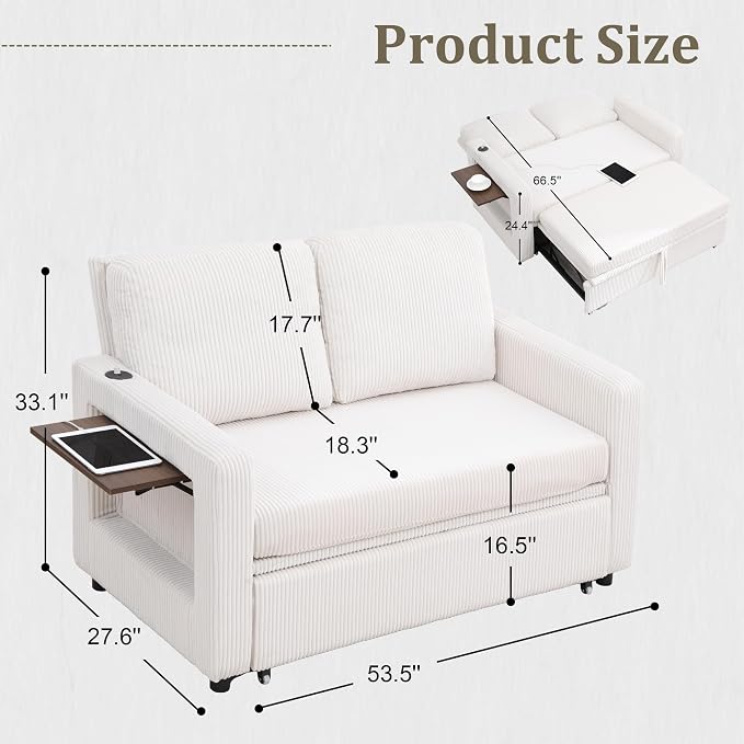 3 in 1 Folding Convertible Sleeper Sofa Bed Pull Out Couch with Side Pockets USB Port Side Table Loveseat Sofa Bed with Adjustable Backrest for Living Room Bedroom 66" Beige 2 SEAT