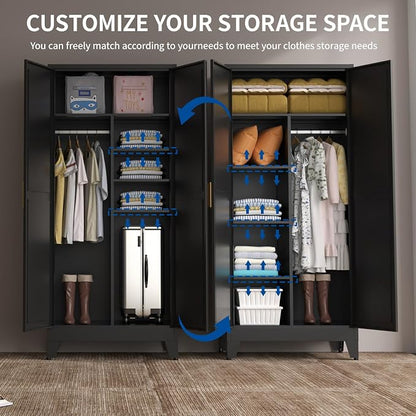 Steel Armoire Wardrobe Closet, 71" Metal Clothing Storage Cabinets with 2 Doors & 3 Adjustable Shelves, Black Wardrobe Cabinet with Hanging Rod for Bedroom, Gym