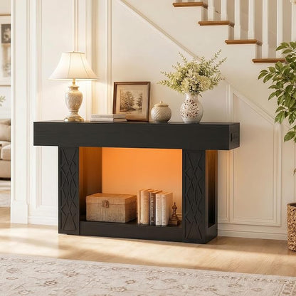Unikito 63" Console Table with Outlets & LED Lights, Farmhouse Entryway Table with Unique Lattice Geometric Pattern, Sofa Table Behind Couch with 2-Tier Storage for Living Room, Hallway, Foyer, Black
