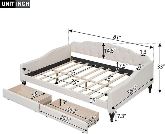 Merax Full Size Daybed with Storage, Solid Wood Sofa Bed Frame w/2 Drawers, Upholstered Tufted Daybed for Living Room, Bedroom and Guest Room, Beige