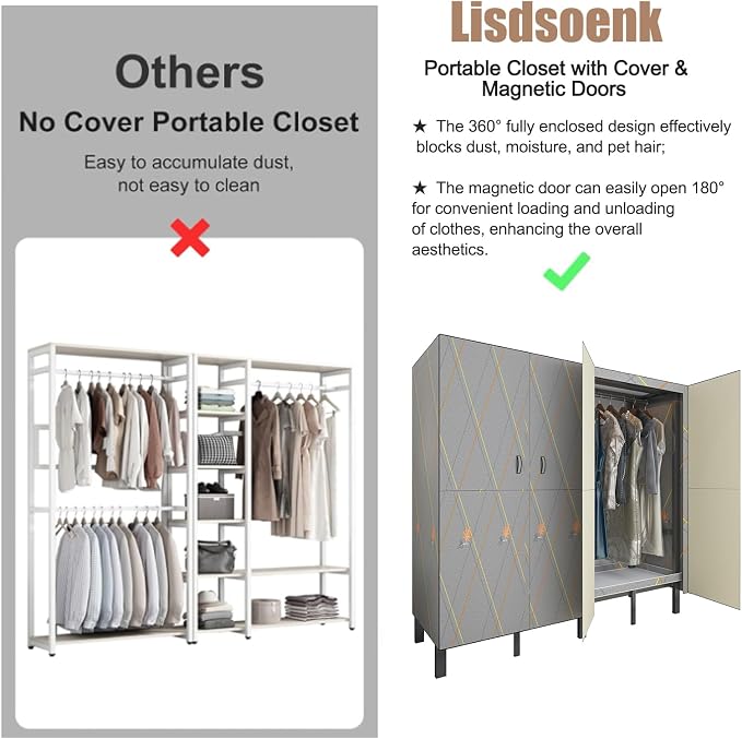 Heavy Duty Clothes Rack with Cover & Magnetic Doors, 1500lb Portable Wardrobe Closet - Foldable Freestanding Garment Rack for Bedroom, Large Storage for Hanginng Dresses Jackets (Grey, 70.8IN)