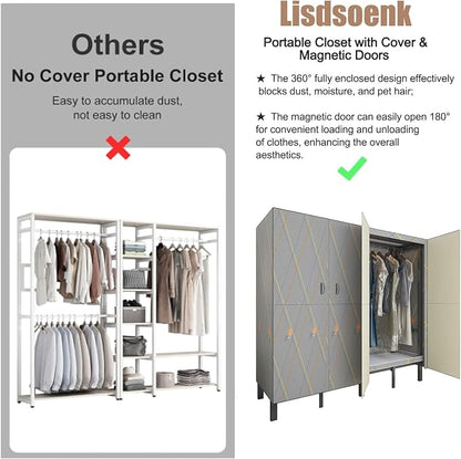 Heavy Duty Clothes Rack with Cover & Magnetic Doors, 1500lb Portable Wardrobe Closet - Foldable Freestanding Garment Rack for Bedroom, Large Storage for Hanginng Dresses Jackets (Grey, 70.8IN)