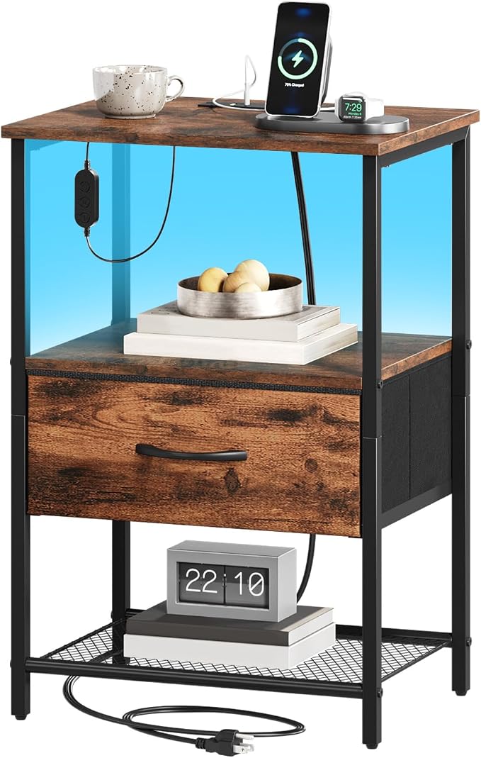 Somdot Nightstand with Charging Station and LED Light for Bedroom, Bedside Table End Table for Dorm Guest Room Bedside Kids Laundry Closet Entryway Hallway, Wood Grain Print