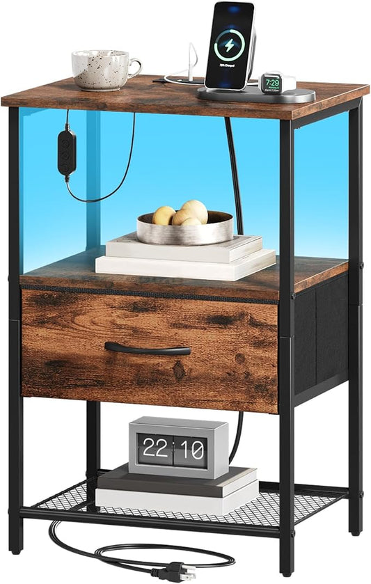 Somdot Nightstand with Charging Station and LED Light for Bedroom, Bedside Table End Table for Dorm Guest Room Bedside Kids Laundry Closet Entryway Hallway, Wood Grain Print