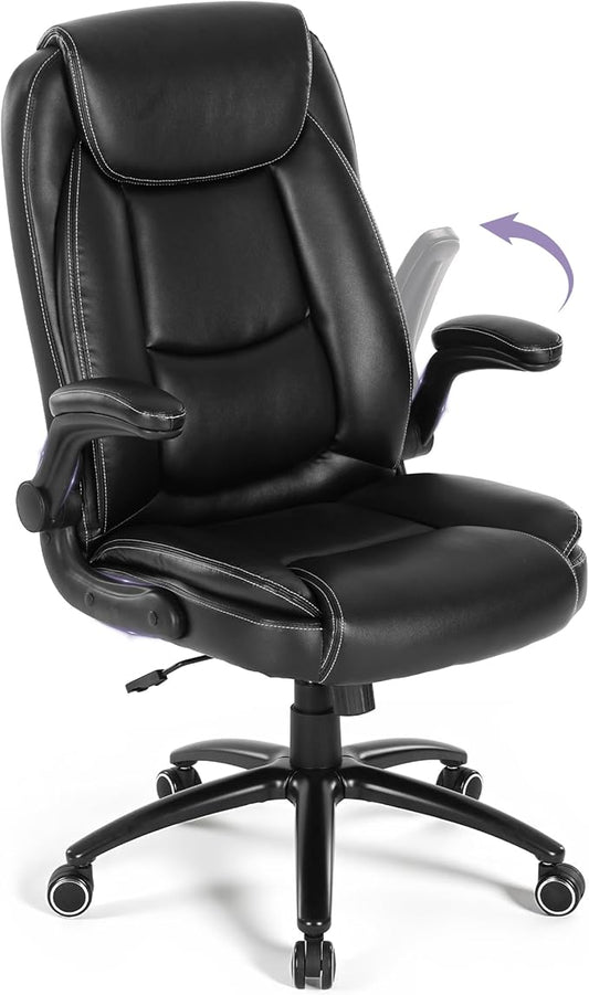 MALOL 300lbs Office Chair with Flip-Up Armrests & Reclining Backrest, Ergonomic PU Leather Executive Desk Chair-Adjustable Height & Tilt Tension, Black
