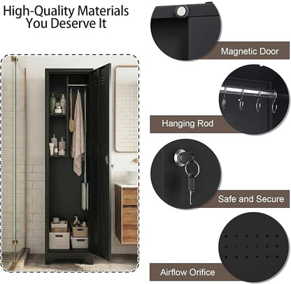 Slim Broom Closet Storage Cabinet, Black Metal Cabinets with Lock and & S-Hooks, Cleaning Supply Cabinet, Utility Closet Cabinets for Garage, Office, Laundry Room