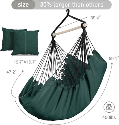 SUNCREAT Hammock Chair Hanging Rope Swing Seat-Max 450lbs Capacity, Extra Large Hanging Swing with Metal Support Bar, Side Pocket, Green