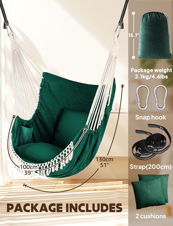 Chihee Hammock Chair Hanging Swing 2 Pillows Included,Strong Webbing Straps and Hooks for Easy Hanging Soft Cotton Hanging Chair Side Pocket Tassel Chair Comfort Indoor Outdoor
