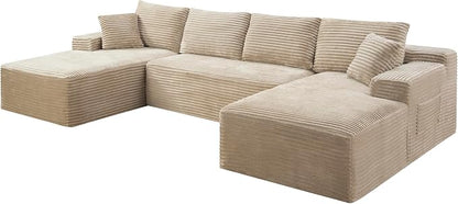 132" Oversized U-Shaped Cloud Sectional Couch Plush Corduroy Boneless Symmetrical Sofa, Front Facing Modular Compressed Boneless Sectional Sofa with Double Chaise Lounges