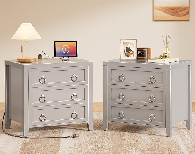 Huuger Paint Night Stand with Charger Station and USB-C Port, 3 Drawer Nightstands Set of 2, Larger Wider Bedside Table, Modern End Table, for Bedroom, Grey Nightstand