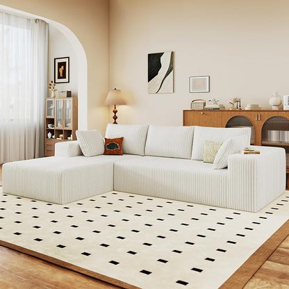 96" Modular Sectional Sofa, Modern Corduroy Cloud Couch with Deep Seat, Boneless Couch Upholstered 3-Seater L-Shaped Sofa for Living Room, No Assembly Required (White, Left-Facing Chaise)