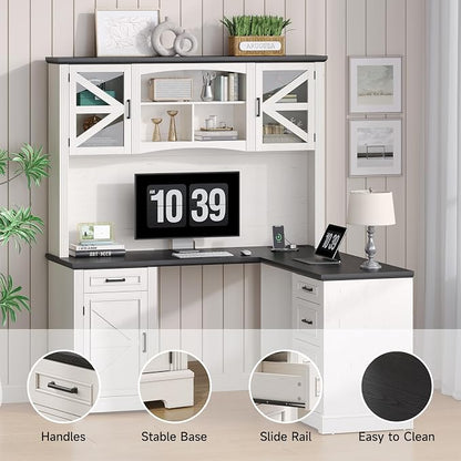 ONBRILL 72" L-Shaped Executive Desk with Hutch, Farmhouse L-Shaped Computer Desk with 4 Drawers, File Drawer and Power Outlet, Home Office Computer Desk for Living Room,Study Room (Off White& Black)