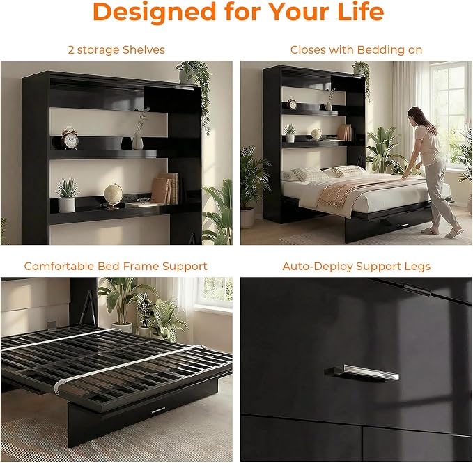 CECER Queen Vertical Murphy Wall Bed，Space Saving for Offices/Guest-Black | Durable Gas-Lift for smooth folding，16 Color Controllable LED Lights，Sturdy frame ＆ Easy Assemble，High Gloss Panel