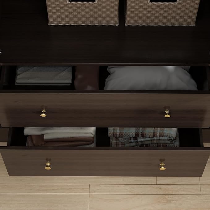 ECACAD Dark Brown Wardrobe Armoire with Mirror, 5-Tier Shelves, 2 Drawers, 2 Hanging Rods and 4 Doors, Wooden Closet Storage Cabinet for Bedroom (63”W x 19.7”D x 70.9”H)