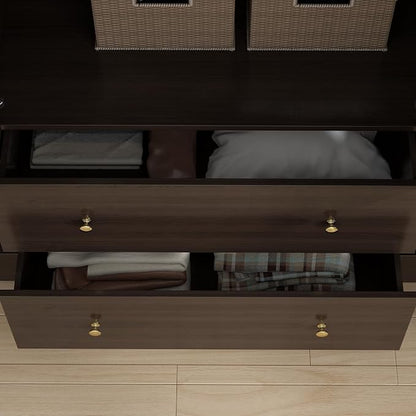 ECACAD Dark Brown Wardrobe Armoire with Mirror, 5-Tier Shelves, 2 Drawers, 2 Hanging Rods and 4 Doors, Wooden Closet Storage Cabinet for Bedroom (63”W x 19.7”D x 70.9”H)