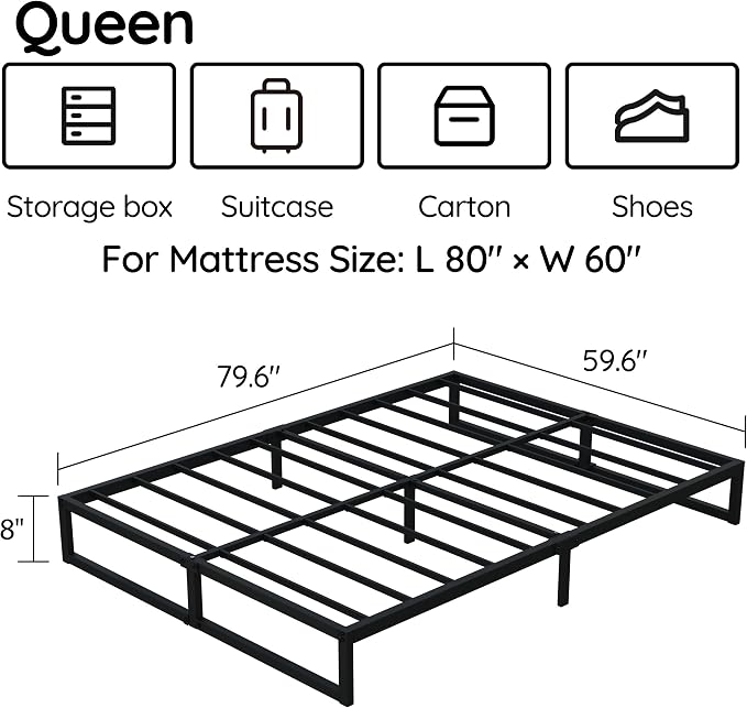 Richwanone 8 Inch Queen Bed Frame Heavy Duty Metal Platform Bed，Black | Queen Size Bed Frame, Mattress Foundation with Steel Slat Support, No Box Spring Needed, Easy Assembly