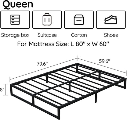 Richwanone 8 Inch Queen Bed Frame Heavy Duty Metal Platform Bed，Black | Queen Size Bed Frame, Mattress Foundation with Steel Slat Support, No Box Spring Needed, Easy Assembly