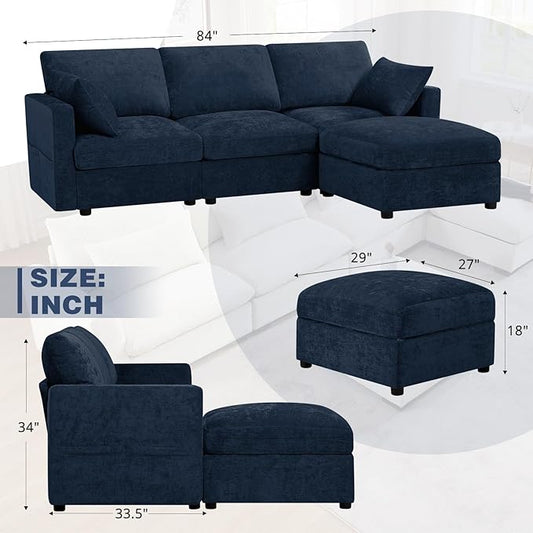 84” Chenille 3-Seats Sofa W/Movable Ottoman, Blue | Modern Fabric L-Shaped Couch w/Soft Backrests, Upholstered Sectional Sofa w/Arm Pillows for Living Room