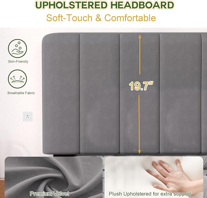 King Size Bed Frame with Velvet Upholstered Platform Bed and Wooden Slats Support, Adjustable Height Headboard/No Box Spring Needed/Easy Assembly/Mattress Foundation
