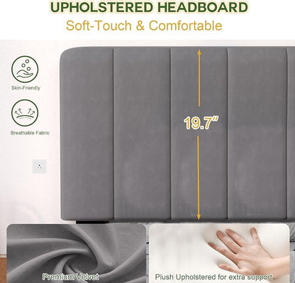 King Size Bed Frame with Velvet Upholstered Platform Bed and Wooden Slats Support, Adjustable Height Headboard/No Box Spring Needed/Easy Assembly/Mattress Foundation