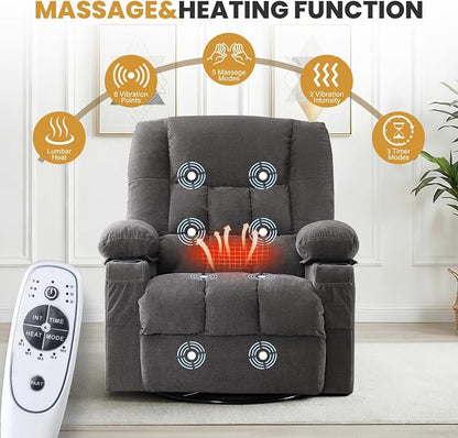 Swivel Recliner Chair for Adults with Vibration Massage and Lumbar Heat , Oversized Ergonomic Rocking Chair for Living Room and Bedroom, Featuring Side Pocket, 2 Cup Holders & USB Charge Port