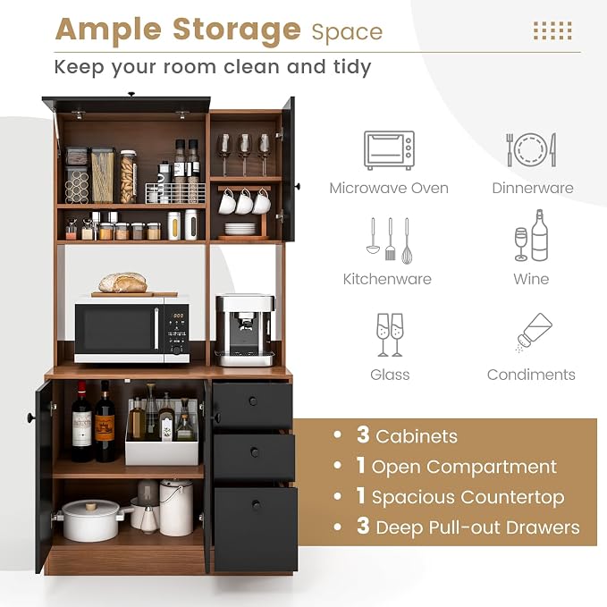 Giantex Kitchen Pantry, Buffet Hutch with 3 Storage Cabinet, 71'' Floor Large Cupboard with 3 Deep Drawers, Wide Countertop, Adjustable Shelves, Tall Sideboard (Walnut & Black)