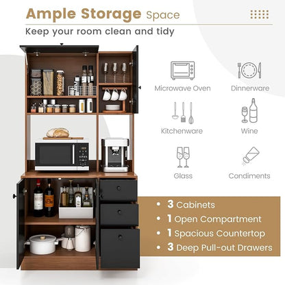 Giantex Kitchen Pantry, Buffet Hutch with 3 Storage Cabinet, 71'' Floor Large Cupboard with 3 Deep Drawers, Wide Countertop, Adjustable Shelves, Tall Sideboard (Walnut & Black)