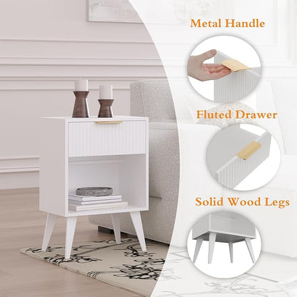 YAUKOMEL Fluted Night Stand with Opening Storage,Mid Century Bedside Table with Drawer,Modern Nightstand with Solid Wood Legs,End Table Side Table for Living Room,Bedroom,White CTG56W