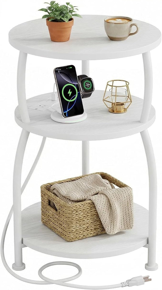 Round Side Table with Power Outlet & USB Ports, 3-Tier End Table with Storage Shelf, 15.7" Wide Nightstand for Small Spaces, Tall Bedside Table Capable of Charging Laptops & Phones, Rustic Brown