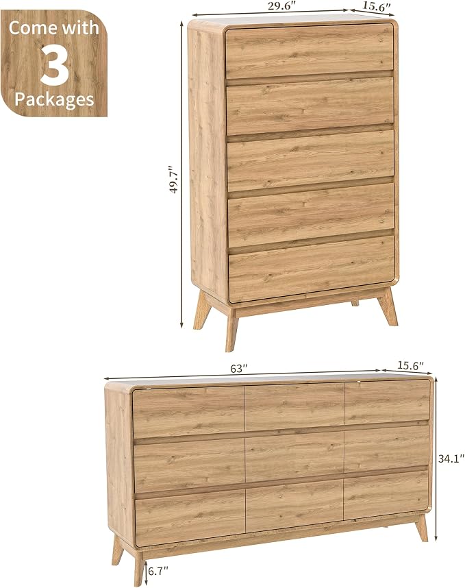 2-Piece Farmhouse Bedroom Dresser Set, Tall 5-Drawer Chest & 9-Drawer Dresser, Handle-Less Design, Rounded Corners, Anti-Tip Safety Furniture, Wooden Bedroom Storage Cabinet, Natural