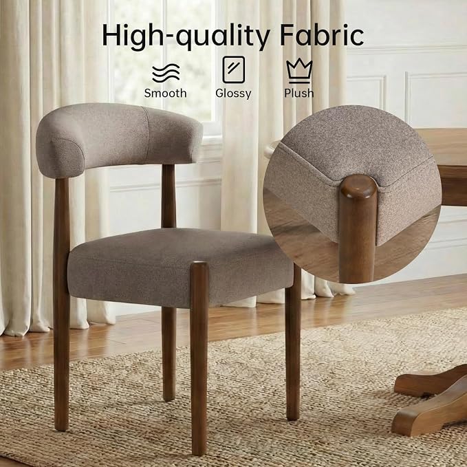VKNOW Wooden Dining Chairs Set of 4, Modern Upholstered Dining Room Chairs with Walnut Wood Legs and Curved Backrest, Fabric Kitchen Chairs for Farmhouse/Living Room/Dining Room, Brown