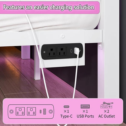 CLIBFENG Full Size Bed Frame with Headboard and Footboard,Steel Slats Support-LED Bed Frame with USB Charging Station,Mattress Foundation-Under Bed Storage,No Box Spring Needed,Noise Free,White