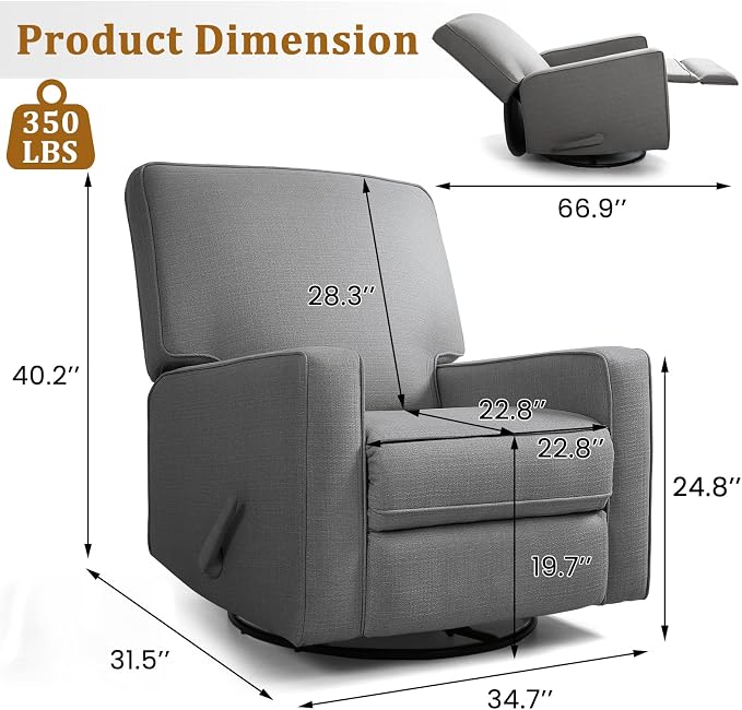 Manual Rocker Recliner Chair for Adults, High Back Glider with Deep Seat, Upholstered Fabric Armchair for Living Room & Nursery (Charcoal Linen)