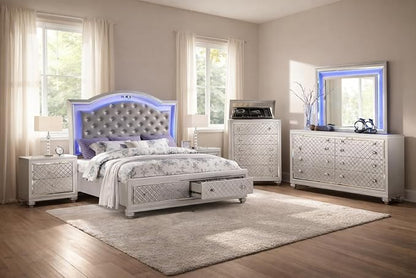 First of a Kind Shiney Contemporary 5 Piece Queen Bedroom Set High Gloss Silver Finish with Upholstered Headboard, Sleek Modern Bedroom Furniture Set for Coordinated Interiors