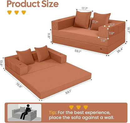 COMAX Futon Sofa Bed, Convertible Sofa Bed, Folding Boneless Couches | Boneless Couch for living room, Fold Out Small Foldable Loveseat Floor Sleeper Mattress Lounge Space‑Saving, Light Orange