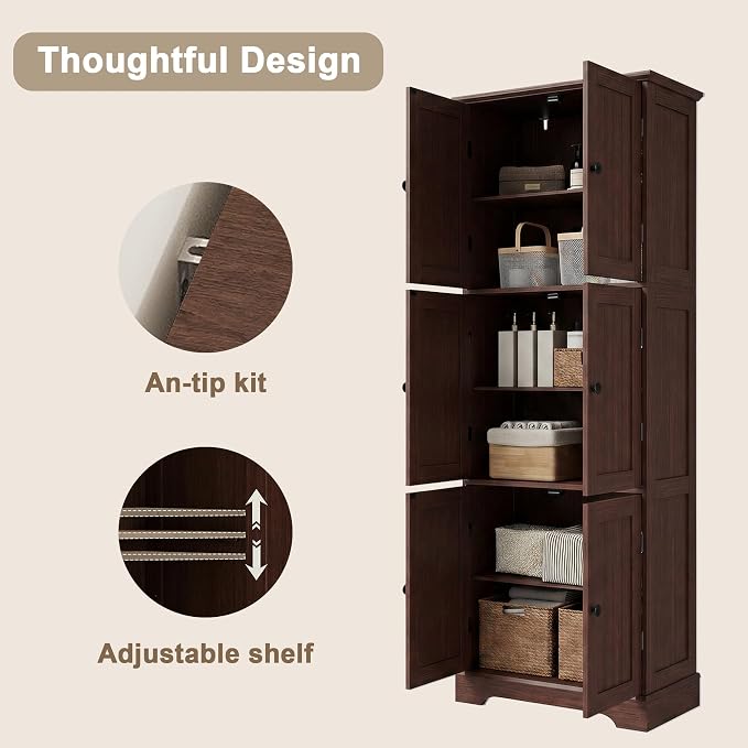 ChooChoo Tall Bathroom Storage Cabinet with 6 Doors, Freestanding Floor Cabinet with Adjustable Shelves, Rustic Walnut Pantry Cabinet for Bathroom, Kitchen, Laundry Room